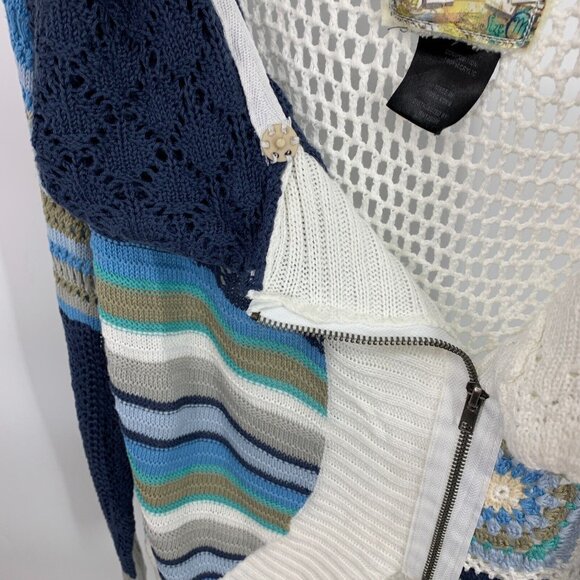 Desigual Cardigan Patchwork White Blue Acrylic Knit Zip Front - Picture 9 of 9